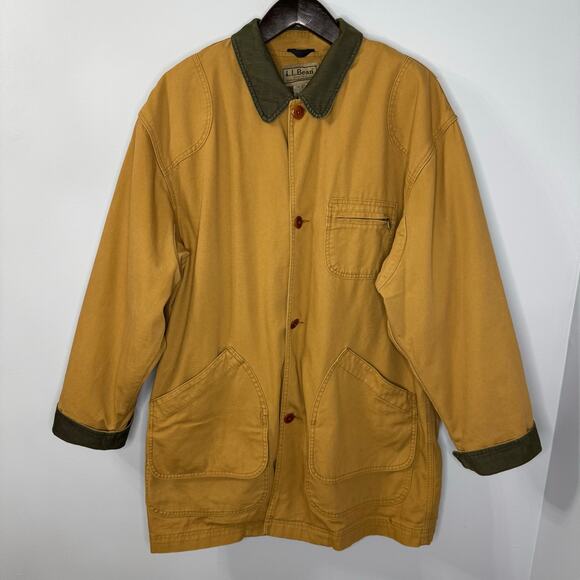 VTG LL Bean Chore Barn Coat Jacket Wool Blanket Plaid Lined Field Tan Mens XL T - Picture 1 of 10